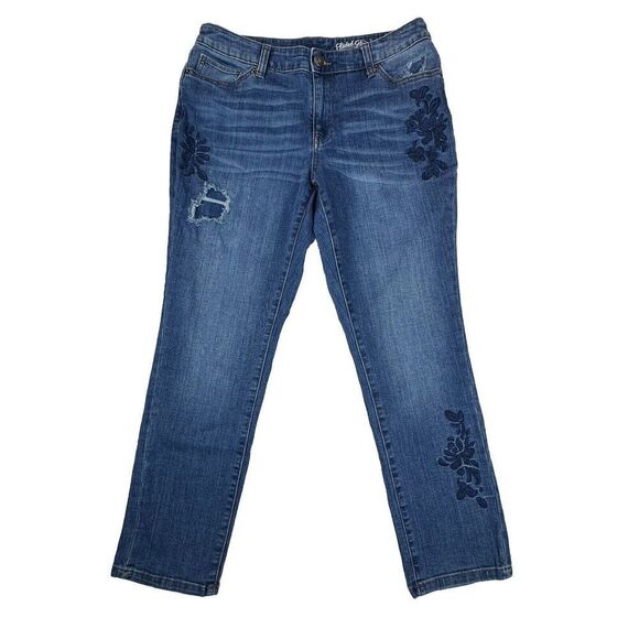 Faded Glory Denim Jeans Distressed Skinny Size 10 Boho Embroidered - Picture 1 of 9
